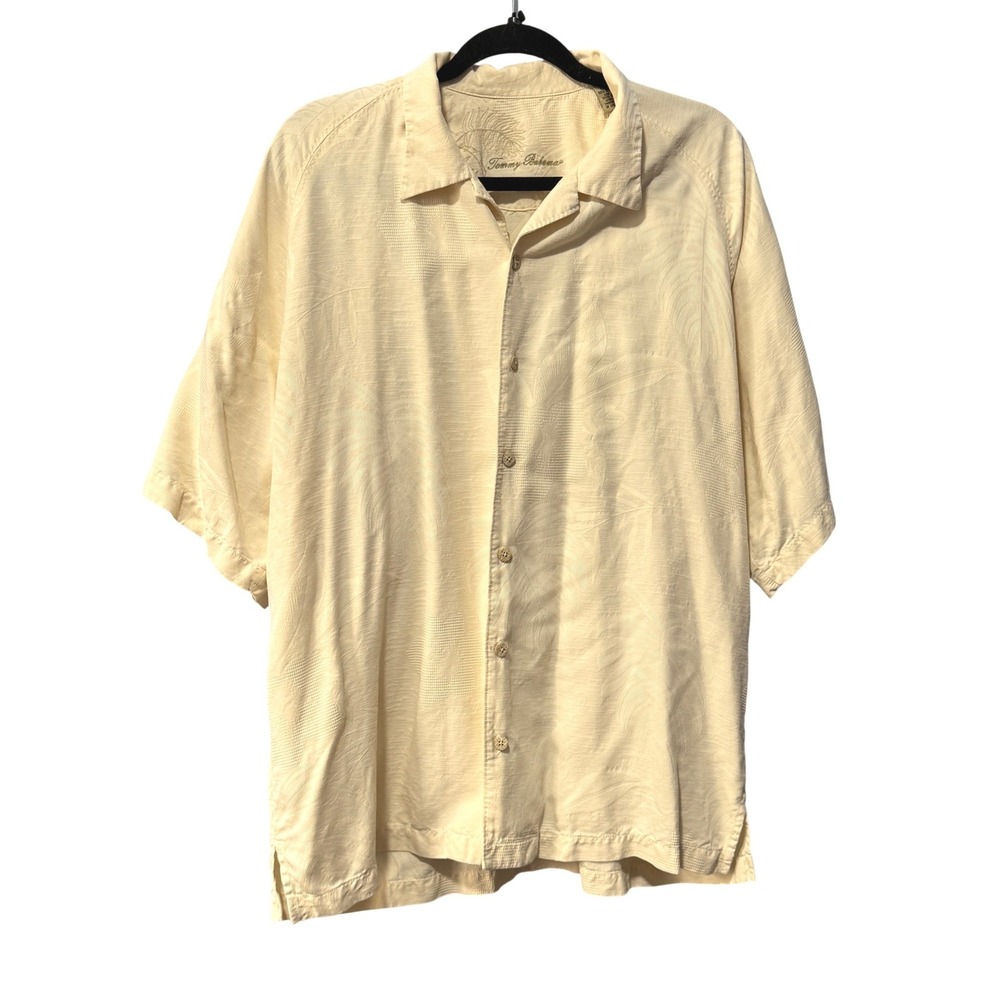 Tommy Bahama Mens Large Cream 100% Silk Tropical Jacquard Short‎ Sleeve Shirt